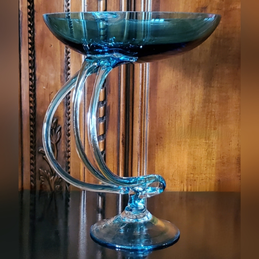 10 3/4" Tall Large Handcrafted Blown Art Glass Aqua Blue Jelly Fish🎐 Bowl 🇵🇱 - Picture 2 of 13